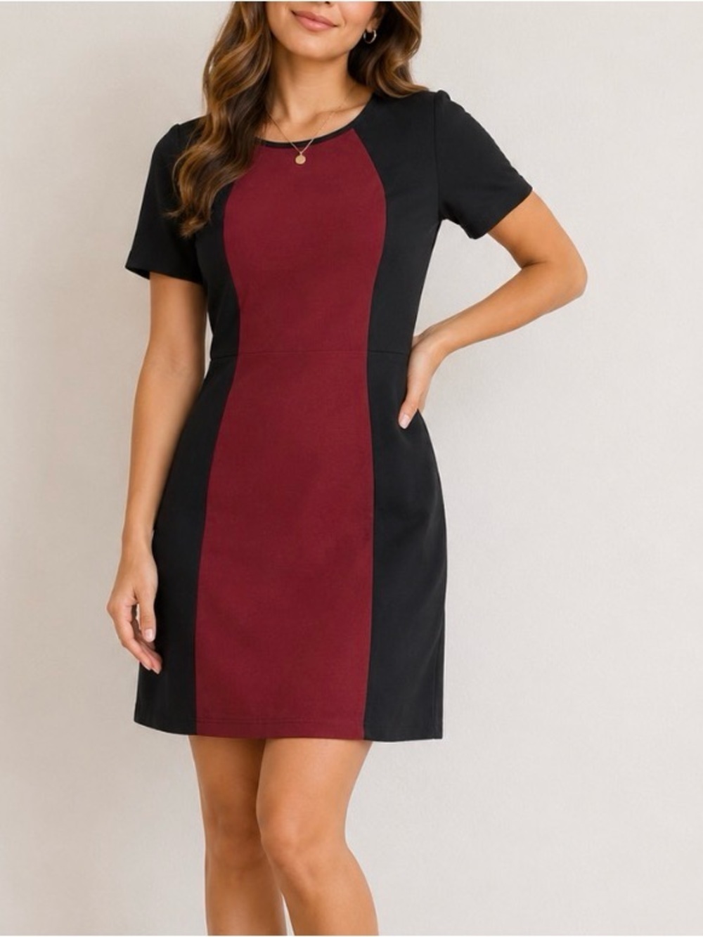 41 Hawthorn Burgundy & Black Colorblock Sheath Dress center panel SZ MD back zip
